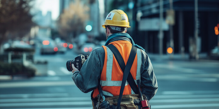 A construction worker wearing safety gear, holding a camera at a city intersection, capturing urban life while pausing from his daily responsibilities.