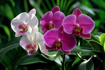 Orchids in a tropical garden, with vibrant purple, pink, and white flowers blooming on long stems, surrounded by lush green leaves and vines