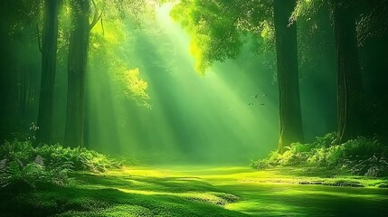 Sunlight streams through a lush, green forest, illuminating the path ahead.