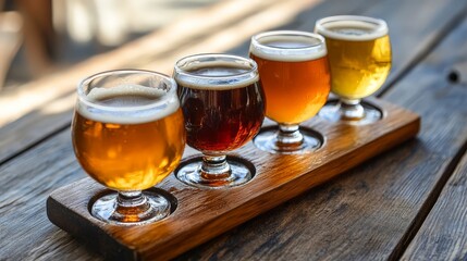 A craft beer flight with small tasting glasses on a wooden board, each showcasing a different flavor and style