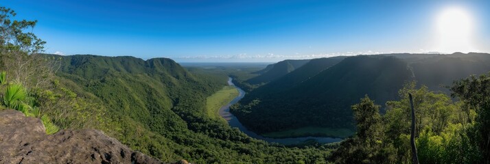 A breathtaking view of a vast green valley with a winding river under a clear blue sky, highlighting the serene beauty and grandeur of nature's landscape in full harmony.