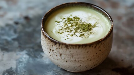 A creamy matcha latte in a ceramic cup, topped with a delicate sprinkle of matcha powder and foam art