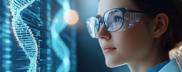 Digital display showing innovative genome sequencing, with scientists discussing genetic data analysis