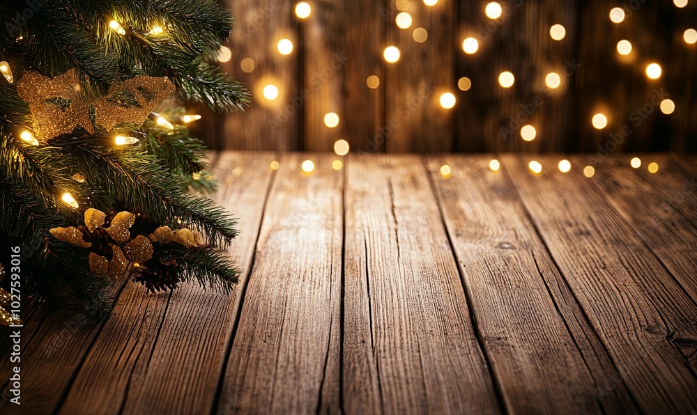 Poster a rustic wooden table with a christmas tree branch and warm string lights in the background, perfect