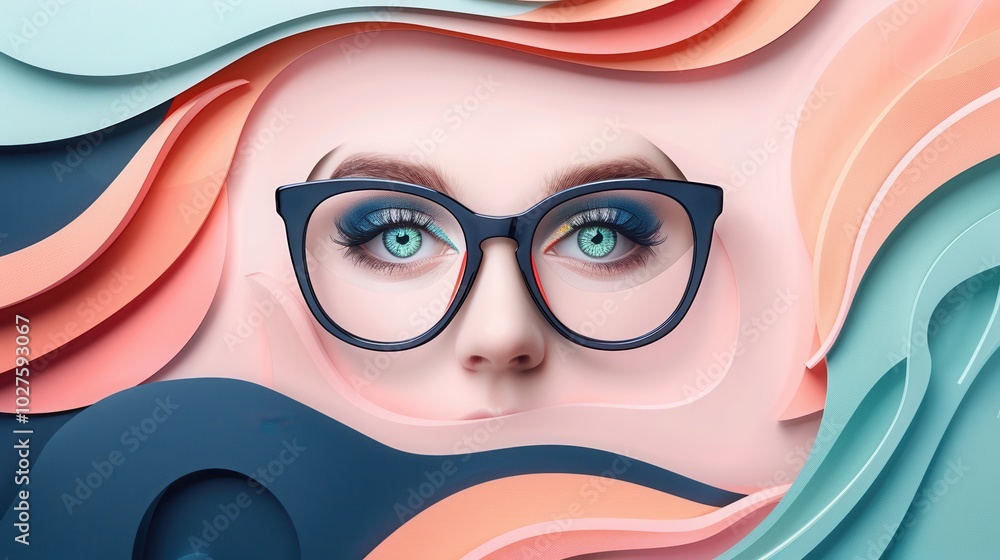 Wall mural Eyeglasses are showcased in front of a vibrant and creative background, featuring abstract stylized eye designs that enhance their appeal. Generative AI