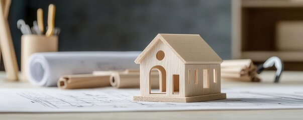 Detailed architectural model placed over a spread of blueprints, with construction tools in the background, 3D illustration