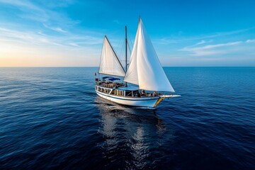 Fototapeta premium Sailing yacht gliding through calm blue waters, its white sails catching the wind, with the sun setting on the horizon, casting golden reflections on the sea