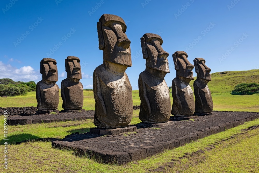 Poster Simple depiction of the Moai statues, with their distinctive shapes reduced to basic forms, standing in a row against a plain background