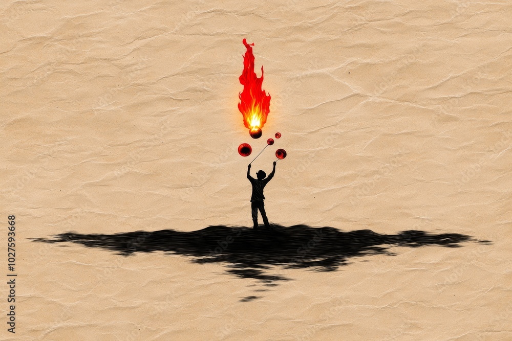 Poster simple illustration of a person juggling fire, with bold lines and minimal details, emphasizing the 