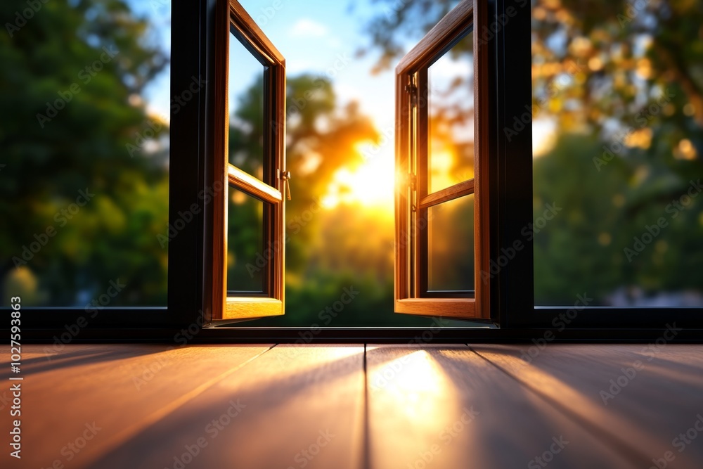 Poster single open window in a minimalist room, with fresh air flowing in and a light breeze lifting the cu