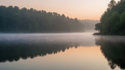 Fototapeta premium A peaceful lake surrounded by autumn trees, with a gentle layer of fog drifting across the water at sunrise. The stillness of the water perfectly reflects the colorful trees, creating a serene and cal