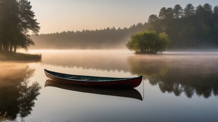 Obraz premium A peaceful lake surrounded by autumn trees, with a gentle layer of fog drifting across the water at sunrise. The stillness of the water perfectly reflects the colorful trees, creating a serene and cal