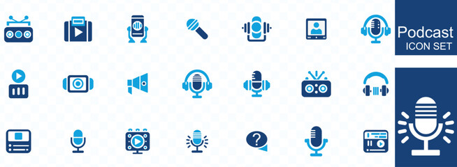 Podcast icon collection. Containing audio, microphone, record, podcasting, broadcasting and entertainment icons. Solid icon set