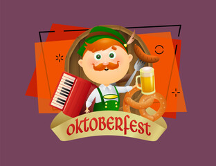 Oktoberfest lettering with beige streamer and man in green costume with accordion. Festive banner design on abstract background. Lettering can be used for invitations, advertising, announcements