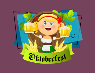 Oktoberfest lettering and girl with beer. Festive banner design with girl, beer barrel, beer glasses, spikes and leaves on blue background. Can be used for invitations, advertising, announcements