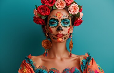 Fototapeta premium A young girl with detailed skeleton makeup for Mexico's Day of the Dead (El Dia de Muertos).