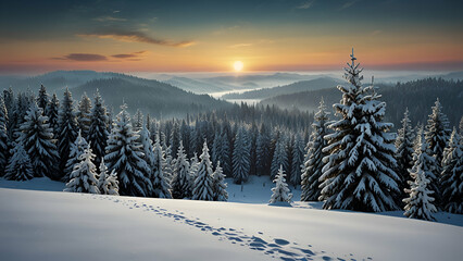 Fototapeta premium pine tree branch covered in snow in a winter scene with a boke and a blurred background 