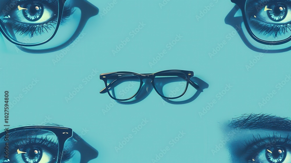 Poster a pair of stylish eyeglasses is positioned in the center surrounded by creatively illustrated eyes i