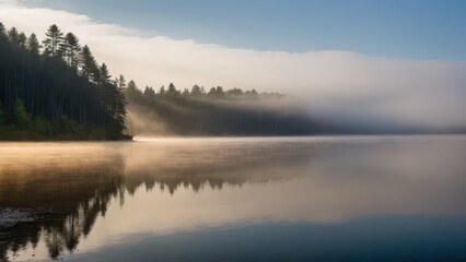 Fototapeta premium A mist-covered lake bordered by a forest, with the morning sun softly illuminating the fog and casting golden light across the water. The stillness of the scene and the reflection of the trees enhance