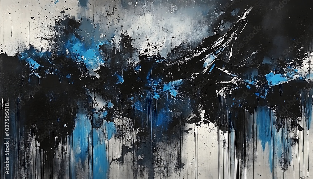 Poster An abstract artwork featuring splashes of blue and black against a lighter background, evoking a sense of depth and contrast.
