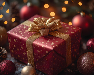 Shiny Red Christmas Gift Wrapped with Bow