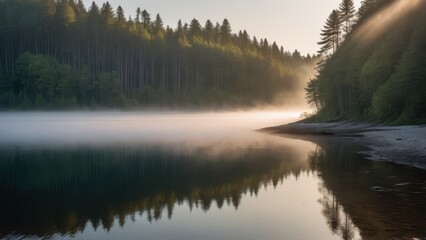 Fototapeta premium A mist-covered lake bordered by a forest, with the morning sun softly illuminating the fog and casting golden light across the water. The stillness of the scene and the reflection of the trees enhance