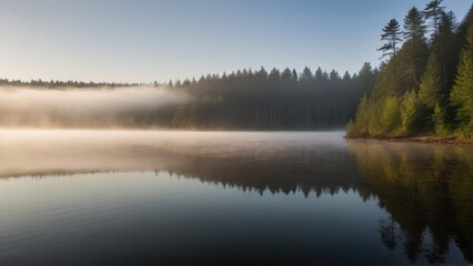 A mist-covered lake bordered by a forest, with the morning sun softly illuminating the fog and casting golden light across the water. The stillness of the scene and the reflection of the trees enhance