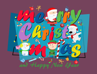 Merry Christmas and Happy New Year postcard with creative lettering. Multicolored calligraphy with cartoon characters on abstract background. Can be used for postcards, greeting cards, leaflets