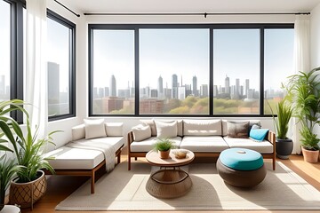 Boho-chic living room with city skyline view.