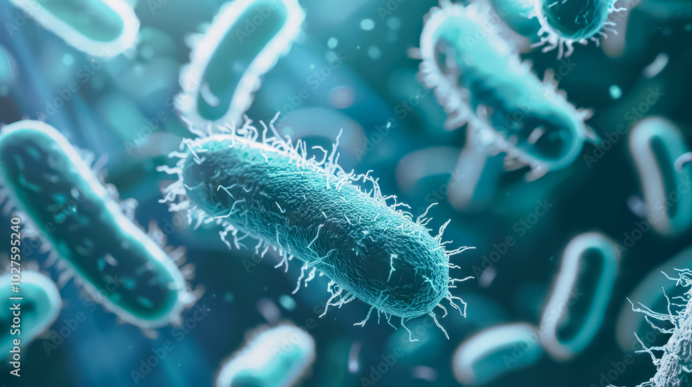 Poster close up of a bunch of bacteria with a fuzzy, fuzzy look to it. the bacteria are all different sizes