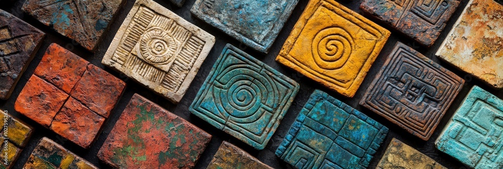 Poster A collection of colorful tiles with various intricate patterns is artistically arranged. The vibrant hues and textures reflect creative design elements in a studio setting