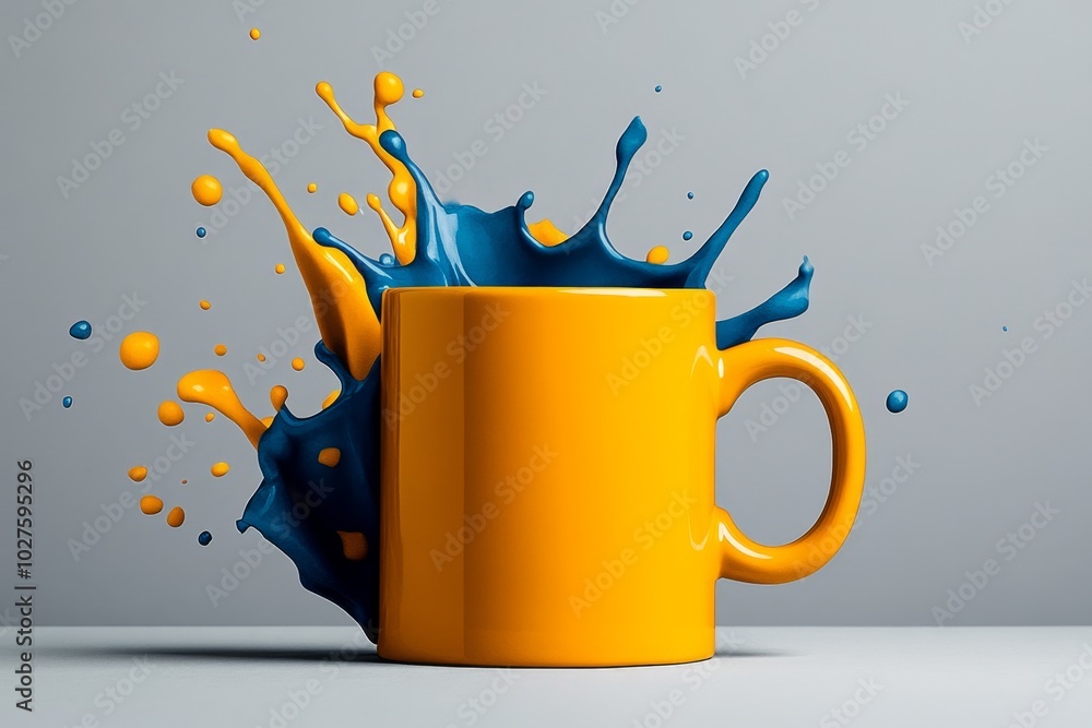 Poster watercolor depiction of a custom coffee mug, with playful splashes of color representing the custome