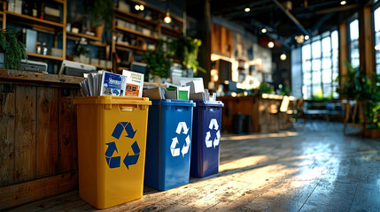 Recycling bins in a modern cafe setting.