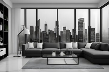 Monochrome living room with breathtaking city view.
