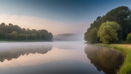 Fototapeta premium Soft fog rolls over a still river at dawn, with the golden morning light filtering through the trees. The quiet reflection of the forest on the water enhances the tranquility of this peaceful, mist-co
