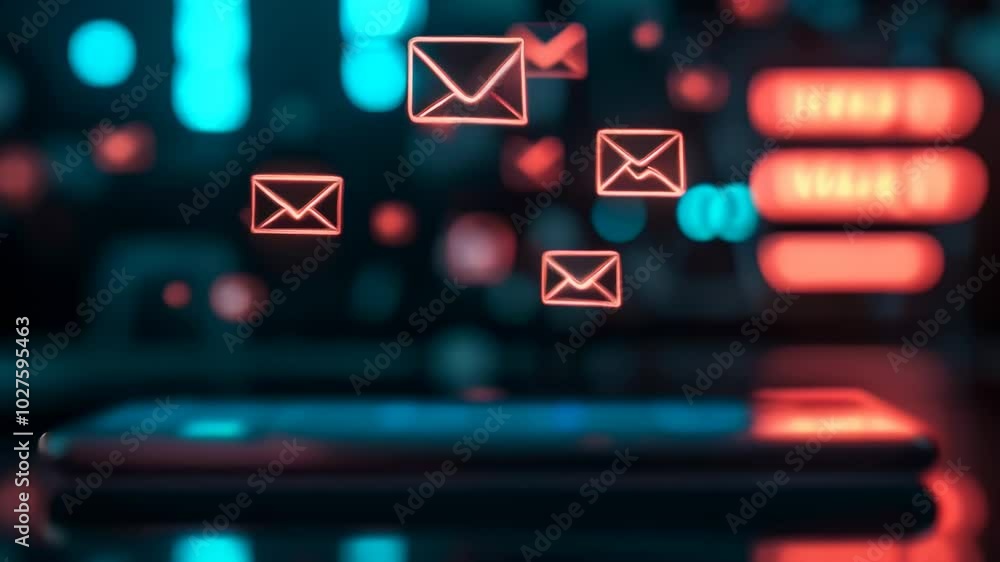 Poster Email icons floating over a smartphone with a futuristic technology background, suggesting concepts such as receiving many messages, constant communication and mobile office