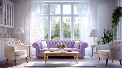 a lovely bright living room with lots of natural light straming in from a window with white lace curtains