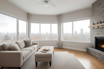 Warm, inviting living room with evening city view.