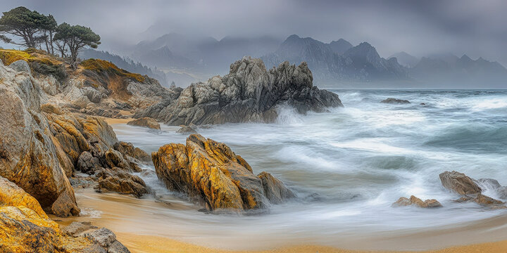 Rocky beach with stong waves