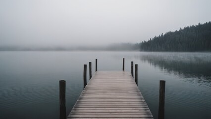 Obraz premium A wooden pier stretches into the mist over a calm, fog-covered lake. The peaceful atmosphere and still water create a sense of solitude and tranquility in this ethereal landscape