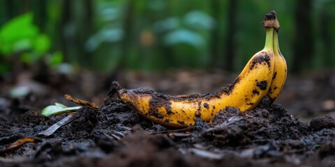 A ripe banana partially buried in rich, dark soil, capturing the essence of nature&rsquo;s cycle and the potential for regrowth in a lush green garden setting.