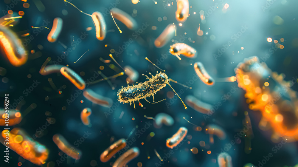 Poster close up of a bunch of bacteria with one of them being a large one. the bacteria are floating in the