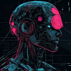 Futuristic robot head with neon pink and blue highlights