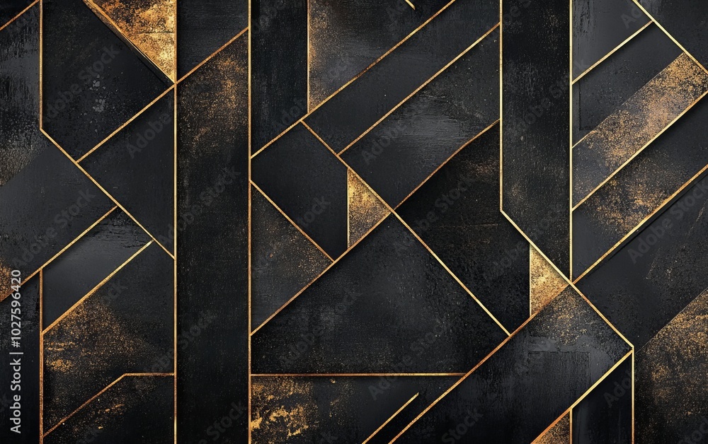 Poster abstract geometric pattern with black and gold elements, suitable for backgrounds or design projects