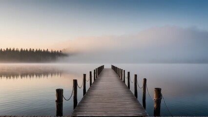 A wooden pier stretches into the mist over a calm, fog-covered lake. The peaceful atmosphere and still water create a sense of solitude and tranquility in this ethereal landscape