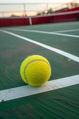 A yellow tennis ball sits on the white line of a tennis court.