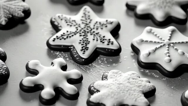 Classic monochrome Christmas cookies with contrasting textures and simple design, creating a refined, timeless holiday look. Christmas cookies