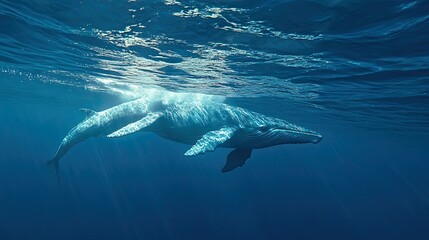 A large whale swims gracefully through the clear blue water, with sunlight filtering down from the surface.