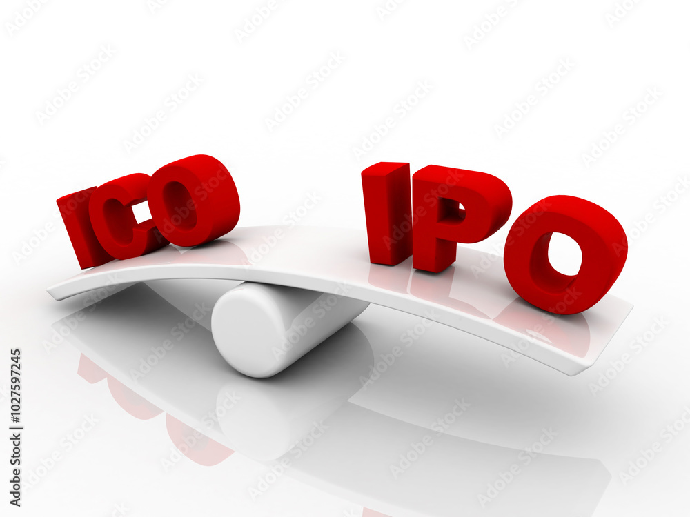 Poster 3d rendering initial coin offering balancing ipo