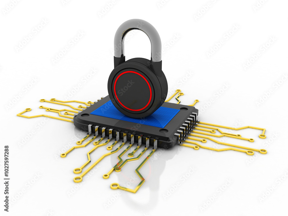 Poster 3d rendering lock protected microchips